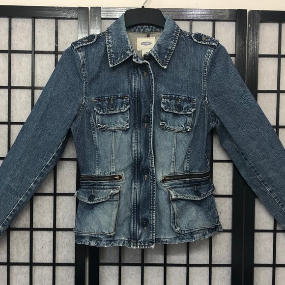 Old Navy Jean denim Jacket Multi pockets zipper sleeves Light wash Medium B2 - Picture 1 of 4